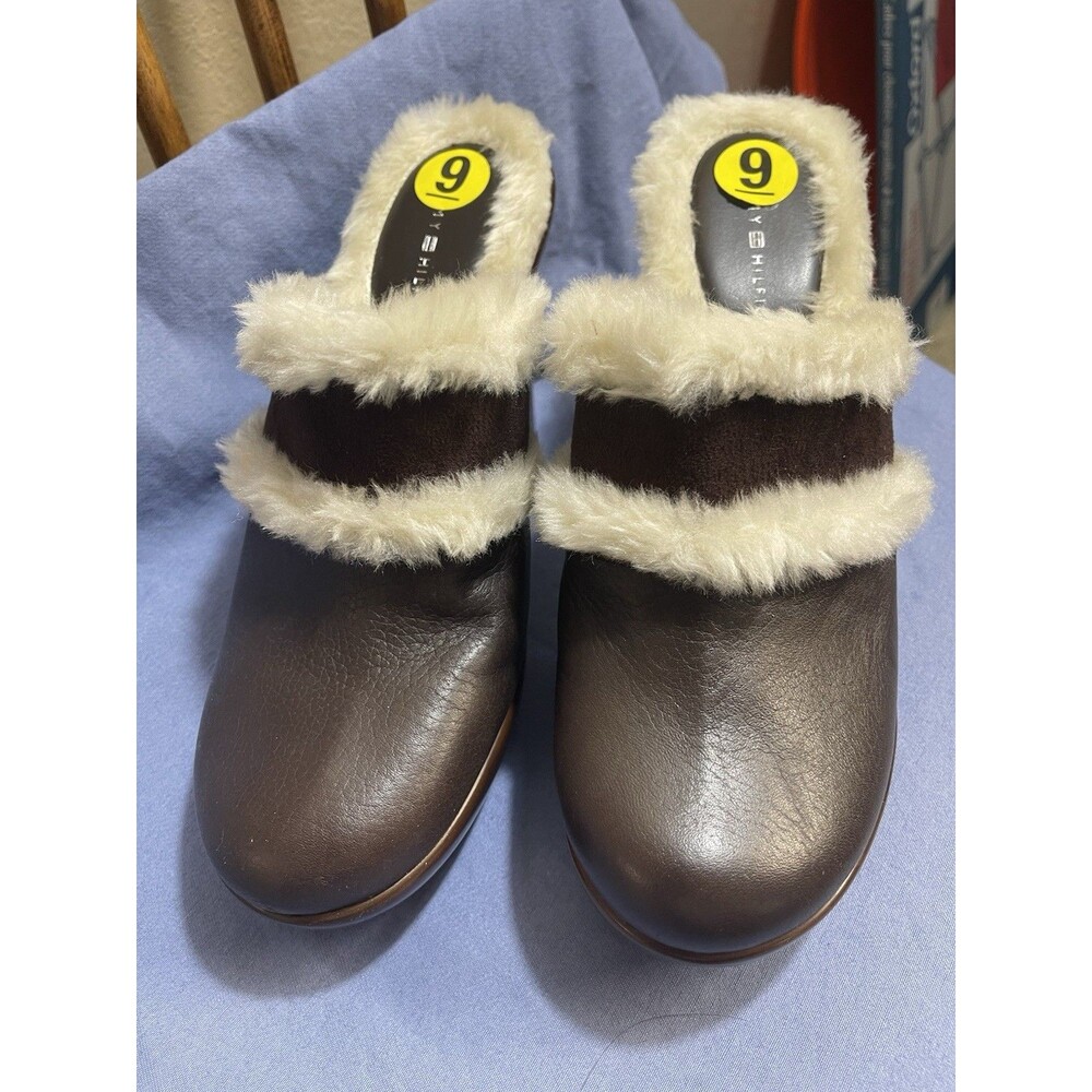 Tommy Hilfiger Merry Vintage Y2K Leather Faux Fur Trim Platform Clogs Brown 9